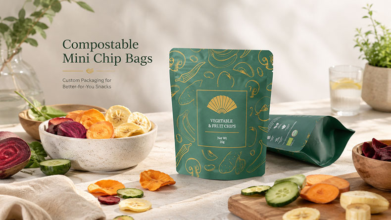 Custom compostable mini chip bags for organic snack brands Компостируемые мини-пакеты для чипсов на заказ для брендов органических закусок