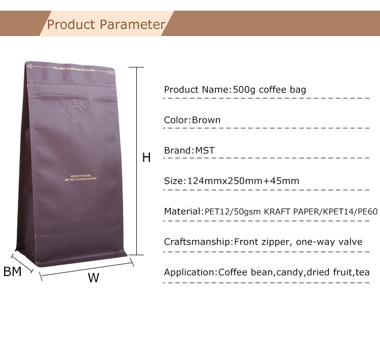 100 шт. 500 г коричневой алюминиевой фольги Blcok Bottom Coffee Mag с карманной молнией